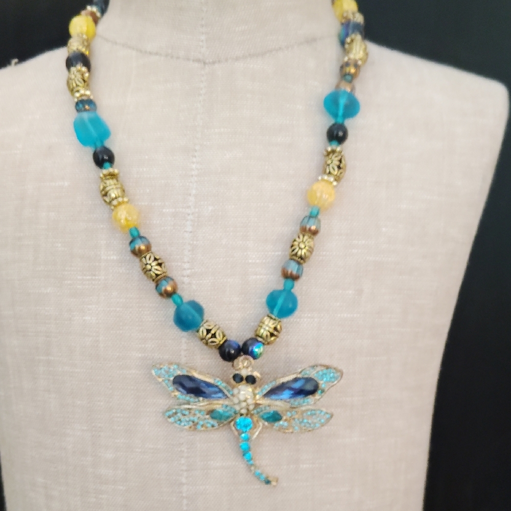 Elegant Dragonfly Pendant Necklace with Blue and Gold Accents